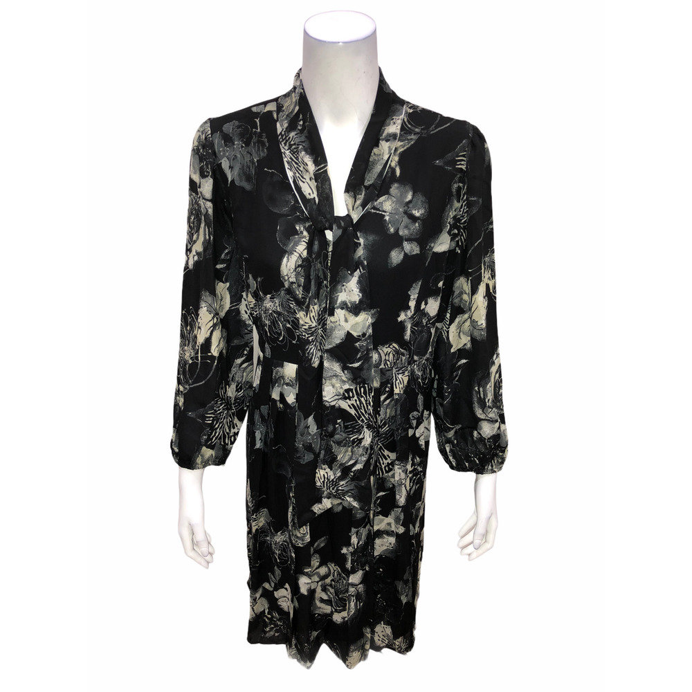 Styled by Joe Zee Floral Printed Dress w/ Neck Tie Detail Black Multi Sz 16